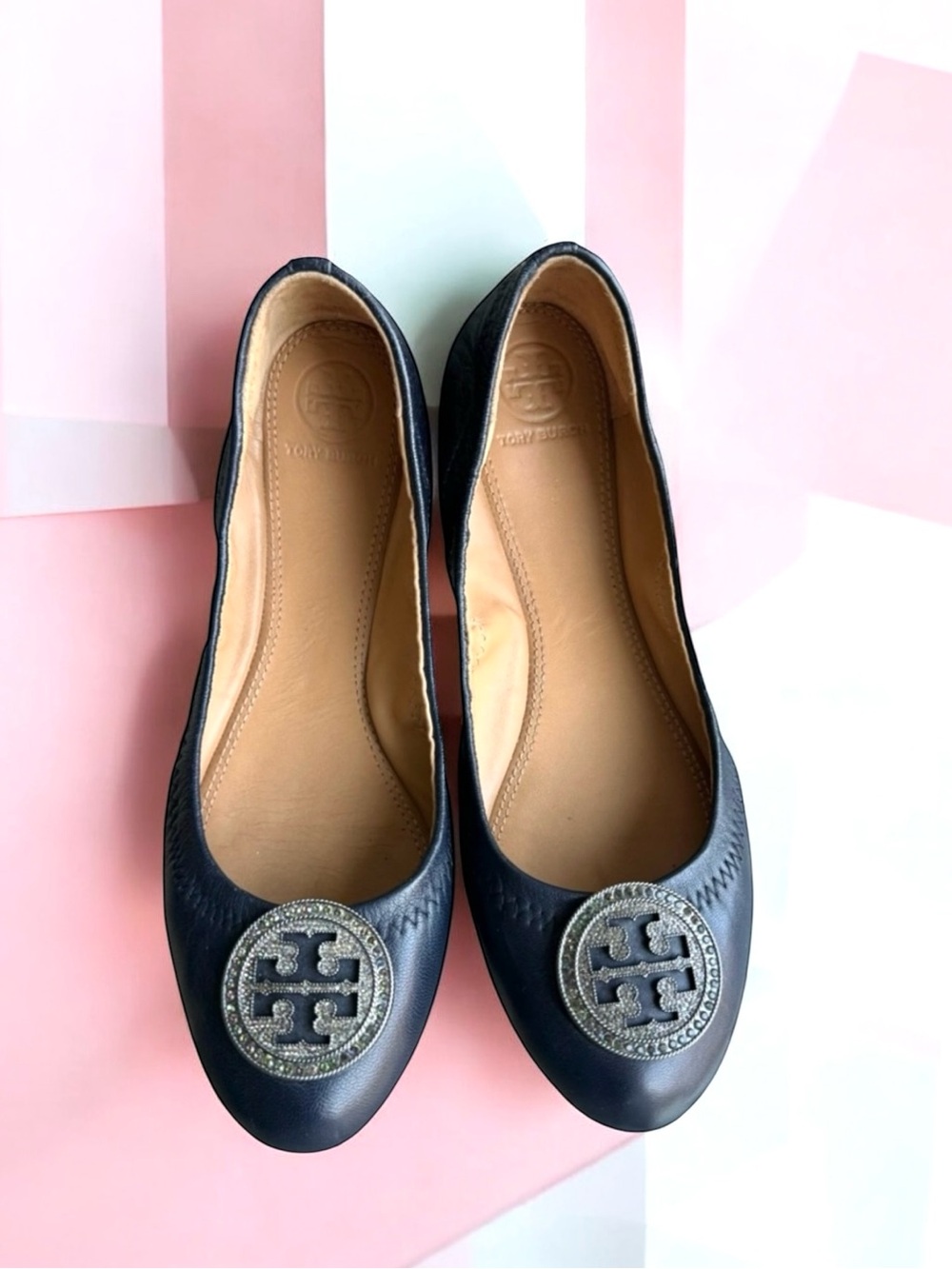 Tory Burch Liana Flats Crystal Embellished Navy Nappa Leather
